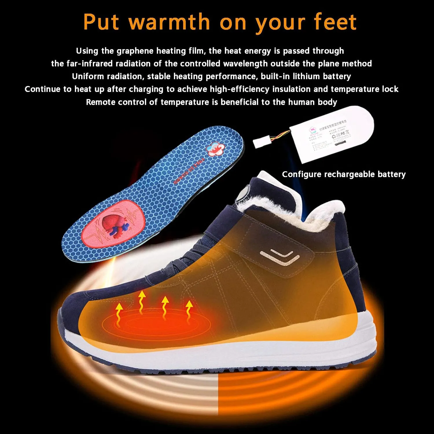 0 Outdoor Women's Electric Heated Shoes, Black, Female 38, Foot Warmer with 3 Temperature Settings and Remote Control for Feet Cold Relief Winter