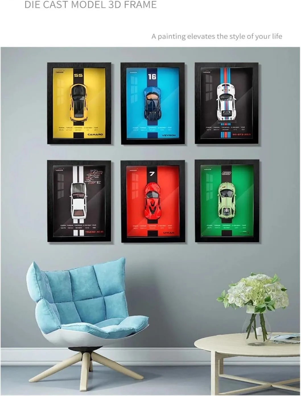 1 32 for Photo Frame Version Alloy Metal Sports Car Model Simulation 3D Racing Car Hanging Painting Decoration Simulation Vehicle Playset(White)