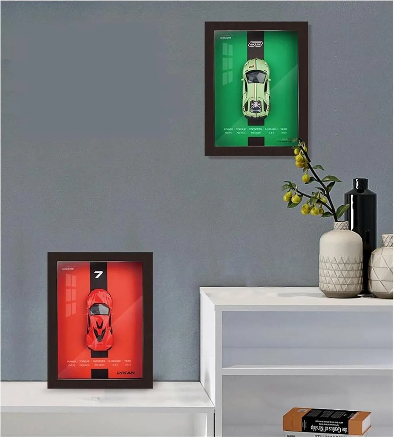 1 32 for Photo Frame Version Alloy Metal Sports Car Model Simulation 3D Racing Car Hanging Painting Decoration Simulation Vehicle Playset(White)