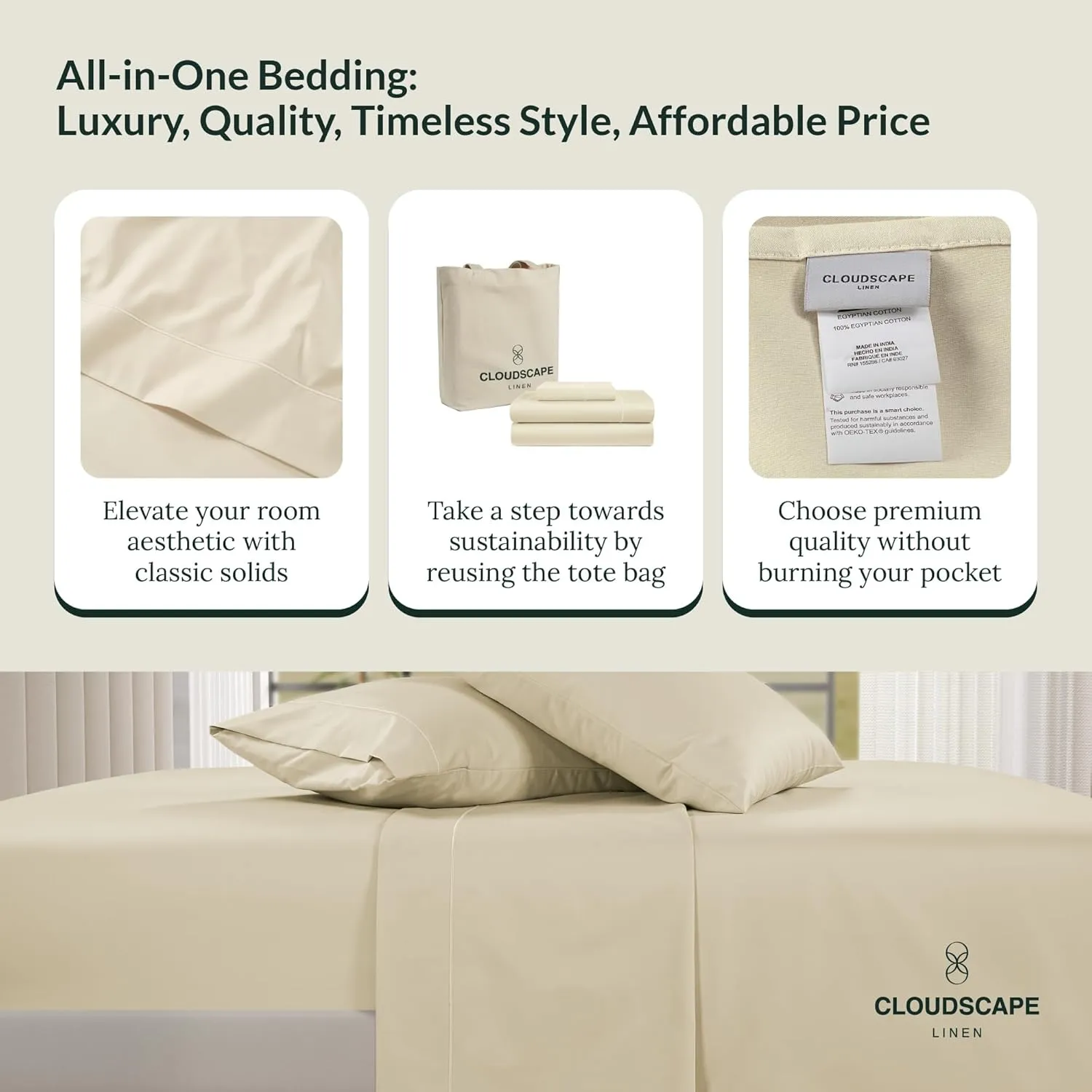 100% Egyptian Cotton King Size Sheets Set, 4 Pieces Luxury Bedding Set, 1000 Thread Count,Hotel Quality, Silky Soft, Breatheable and Durable, Deep Pockets up to 16, Cream White