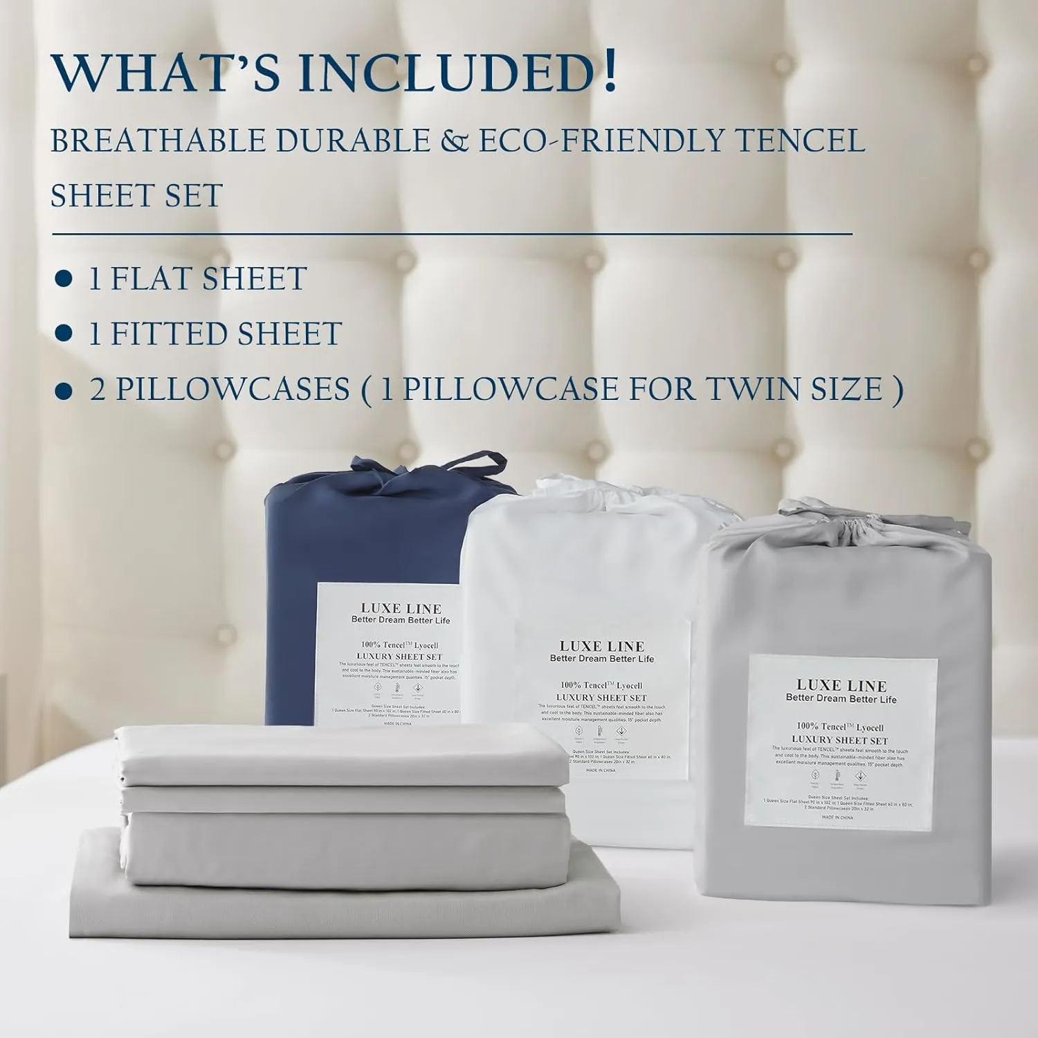 100% Lenzing Tencel Lyocell King Size Bed Sheet Set, 4 Piece Solid Light Grey Cooling Bed Sheet Set, Silky Soft & Luxury, 1 Deep Pocket Fitted Sheet & 1 Flat Sheet & 2 Pillowcases