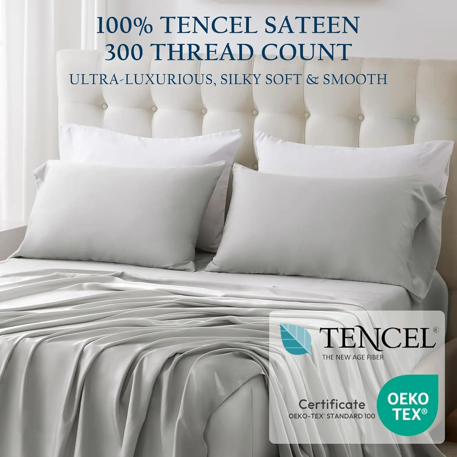 100% Lenzing Tencel Lyocell King Size Bed Sheet Set, 4 Piece Solid Light Grey Cooling Bed Sheet Set, Silky Soft & Luxury, 1 Deep Pocket Fitted Sheet & 1 Flat Sheet & 2 Pillowcases