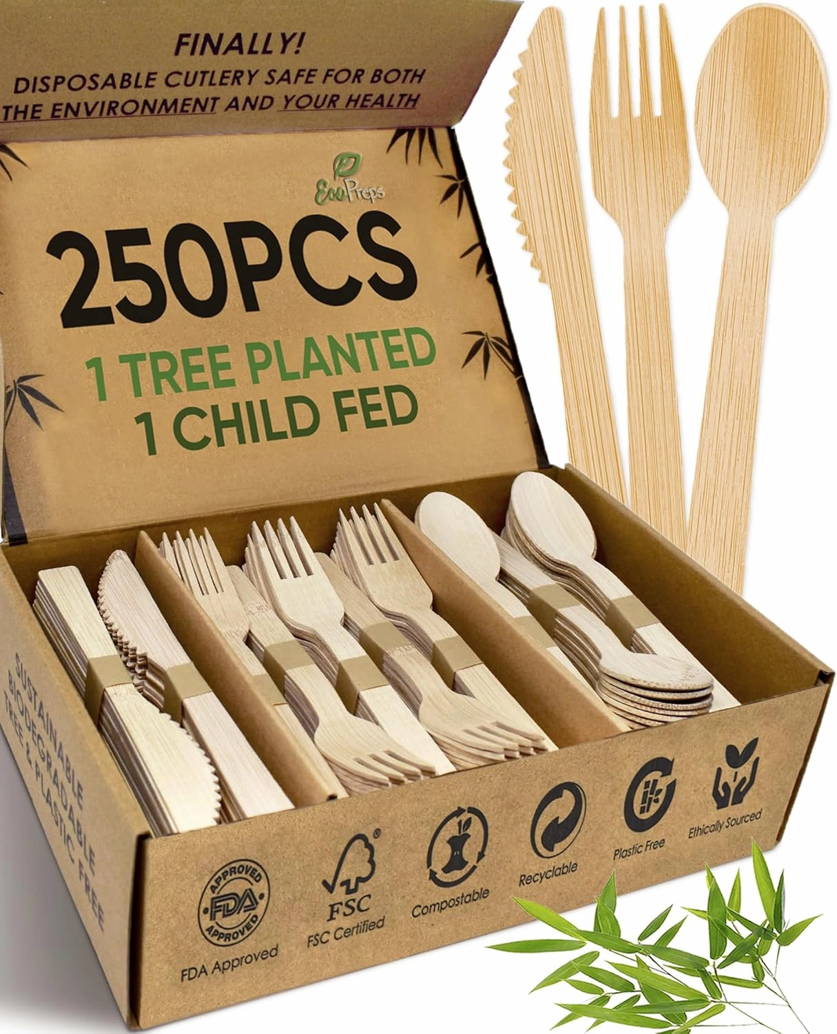 100% Compostable Bamboo Cutlery Set (250 PCS - 125 Forks, 75 Spoons, 50 Knives) Eco-Friendly, Natural, Biodegradable Disposable Utensils Set | Bamboo Disposable Forks, Knives, and Spoons Sets
