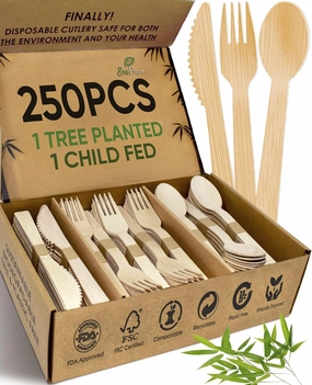 100% Compostable Bamboo Cutlery Set (250 PCS - 125 Forks, 75 Spoons, 50 Knives) Eco-Friendly, Natural, Biodegradable Disposable Utensils Set | Bamboo Disposable Forks, Knives, and Spoons Sets