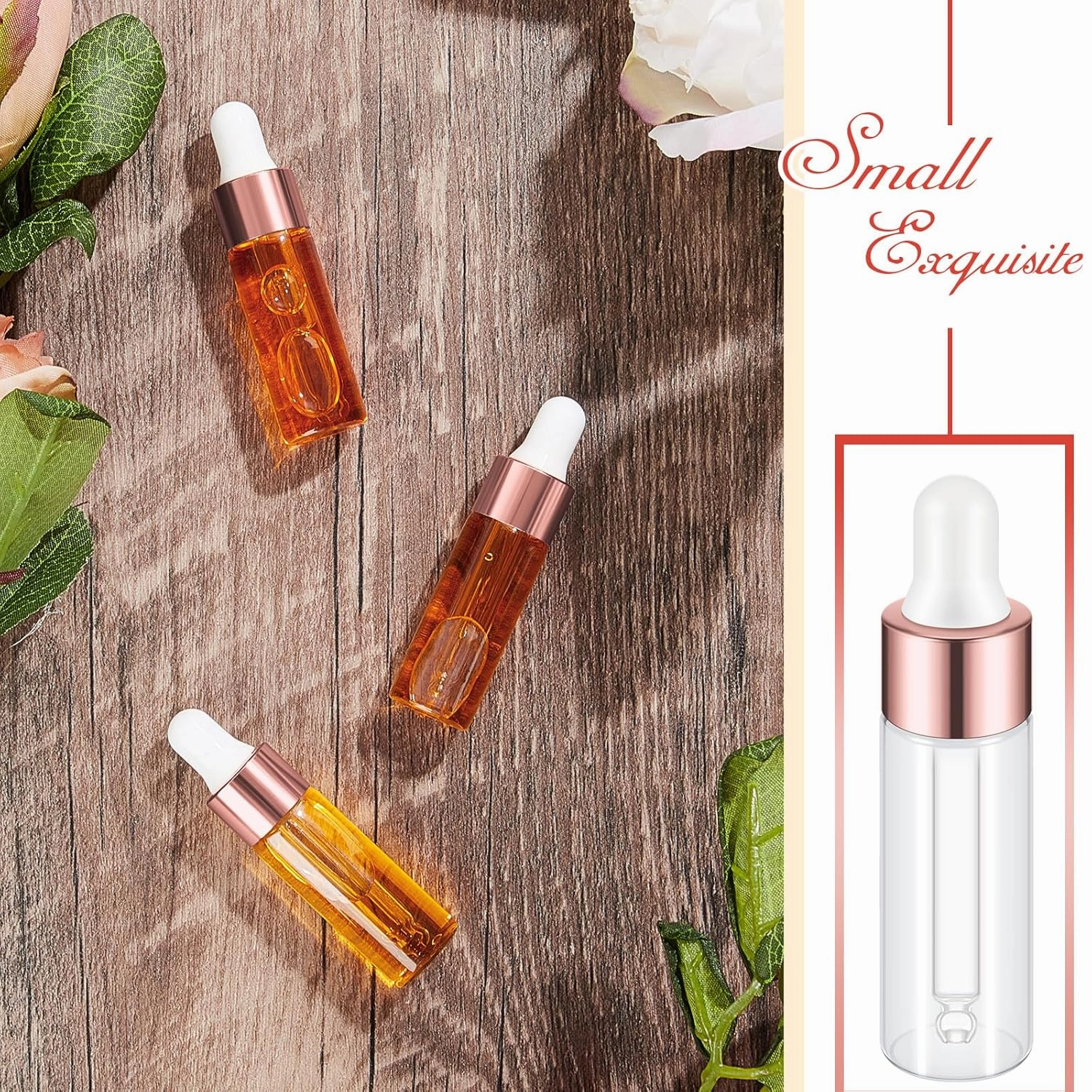 100 Pcs Mini Glass Oil Dropper Bottle Bulk, 5 ml Rose Gold Clear Essential Small Empty Bottles Sample Containers Perfume Liquid Vials with Cap for Traveling