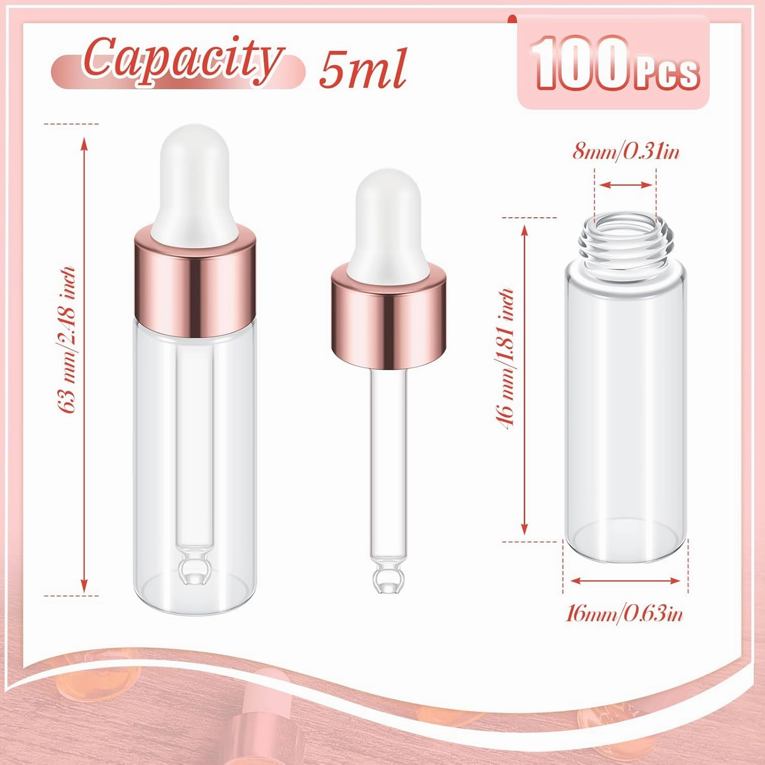 100 Pcs Mini Glass Oil Dropper Bottle Bulk, 5 ml Rose Gold Clear Essential Small Empty Bottles Sample Containers Perfume Liquid Vials with Cap for Traveling