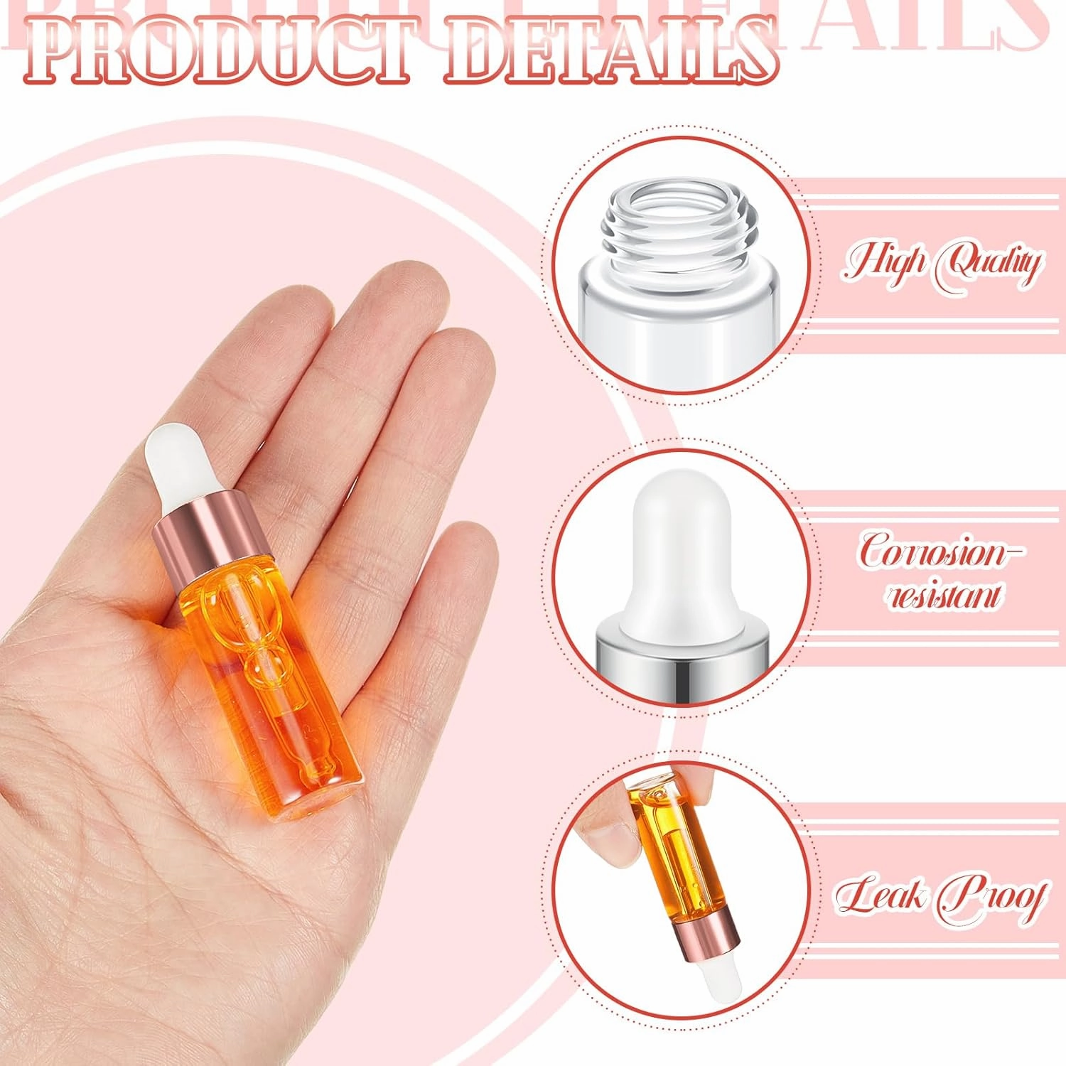 100 Pcs Mini Glass Oil Dropper Bottle Bulk, 5 ml Rose Gold Clear Essential Small Empty Bottles Sample Containers Perfume Liquid Vials with Cap for Traveling
