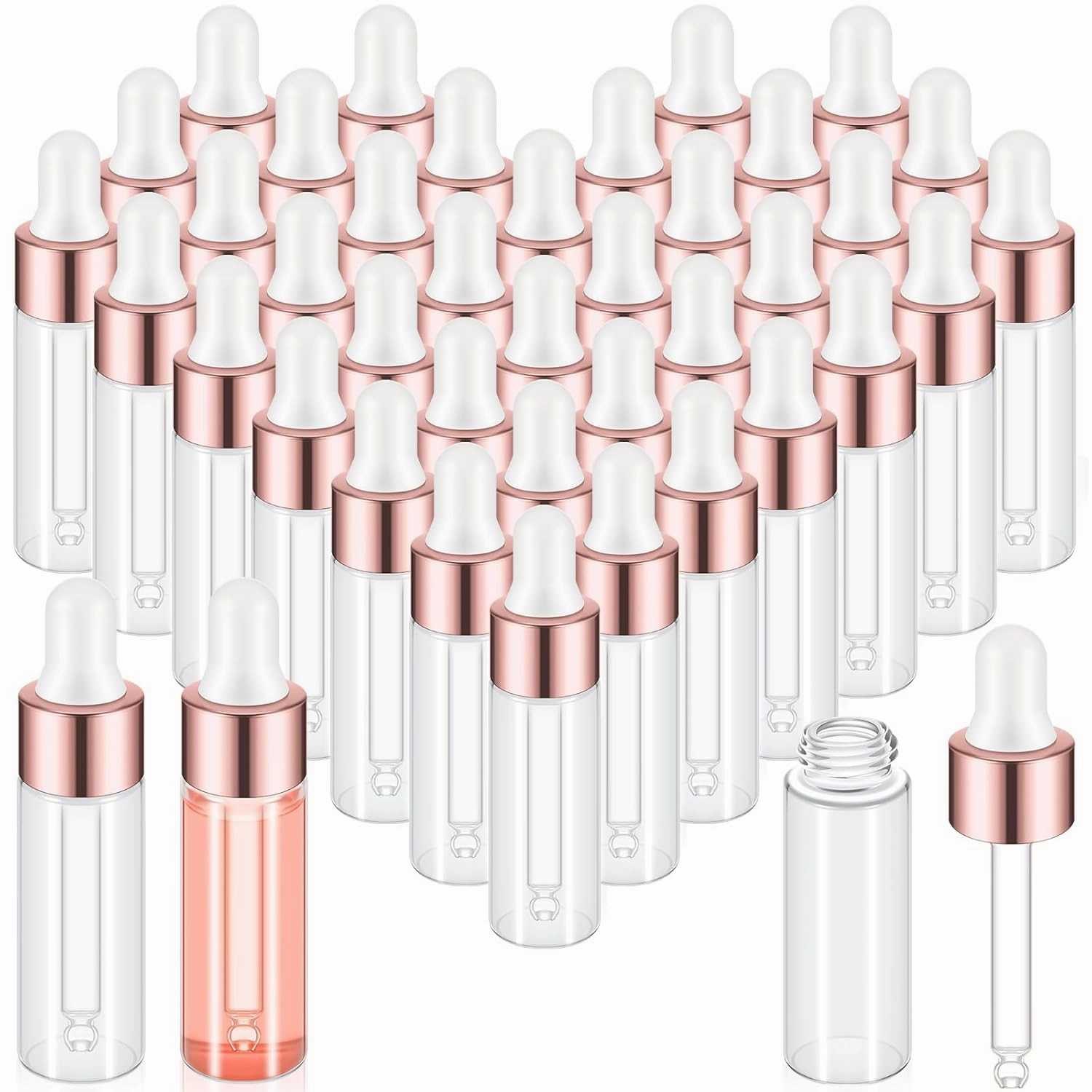 100 Pcs Mini Glass Oil Dropper Bottle Bulk, 5 ml Rose Gold Clear Essential Small Empty Bottles Sample Containers Perfume Liquid Vials with Cap for Traveling