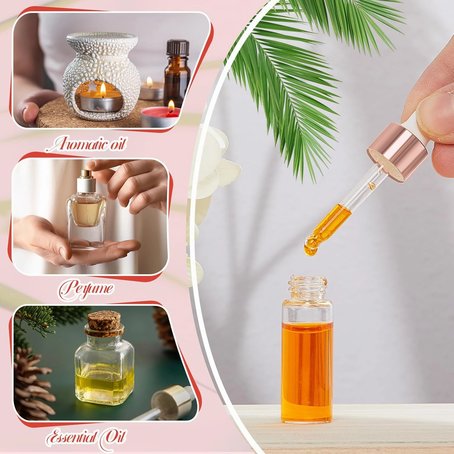 100 Pcs Mini Glass Oil Dropper Bottle Bulk, 5 ml Rose Gold Clear Essential Small Empty Bottles Sample Containers Perfume Liquid Vials with Cap for Traveling