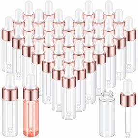 100 Pcs Mini Glass Oil Dropper Bottle Bulk, 5 ml Rose Gold Clear Essential Small Empty Bottles Sample Containers Perfume Liquid Vials with Cap for Traveling