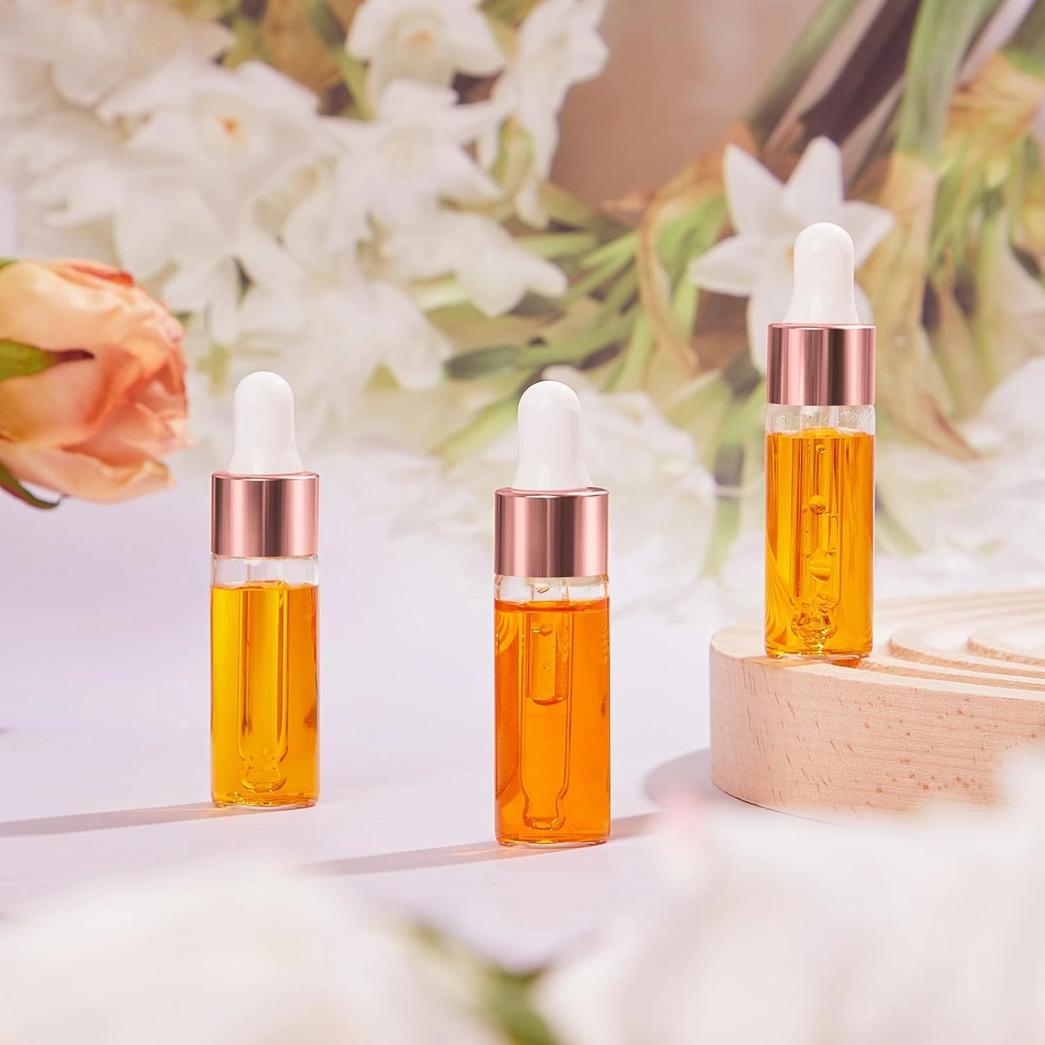 100 Pcs Mini Glass Oil Dropper Bottle Bulk, 5 ml Rose Gold Clear Essential Small Empty Bottles Sample Containers Perfume Liquid Vials with Cap for Traveling