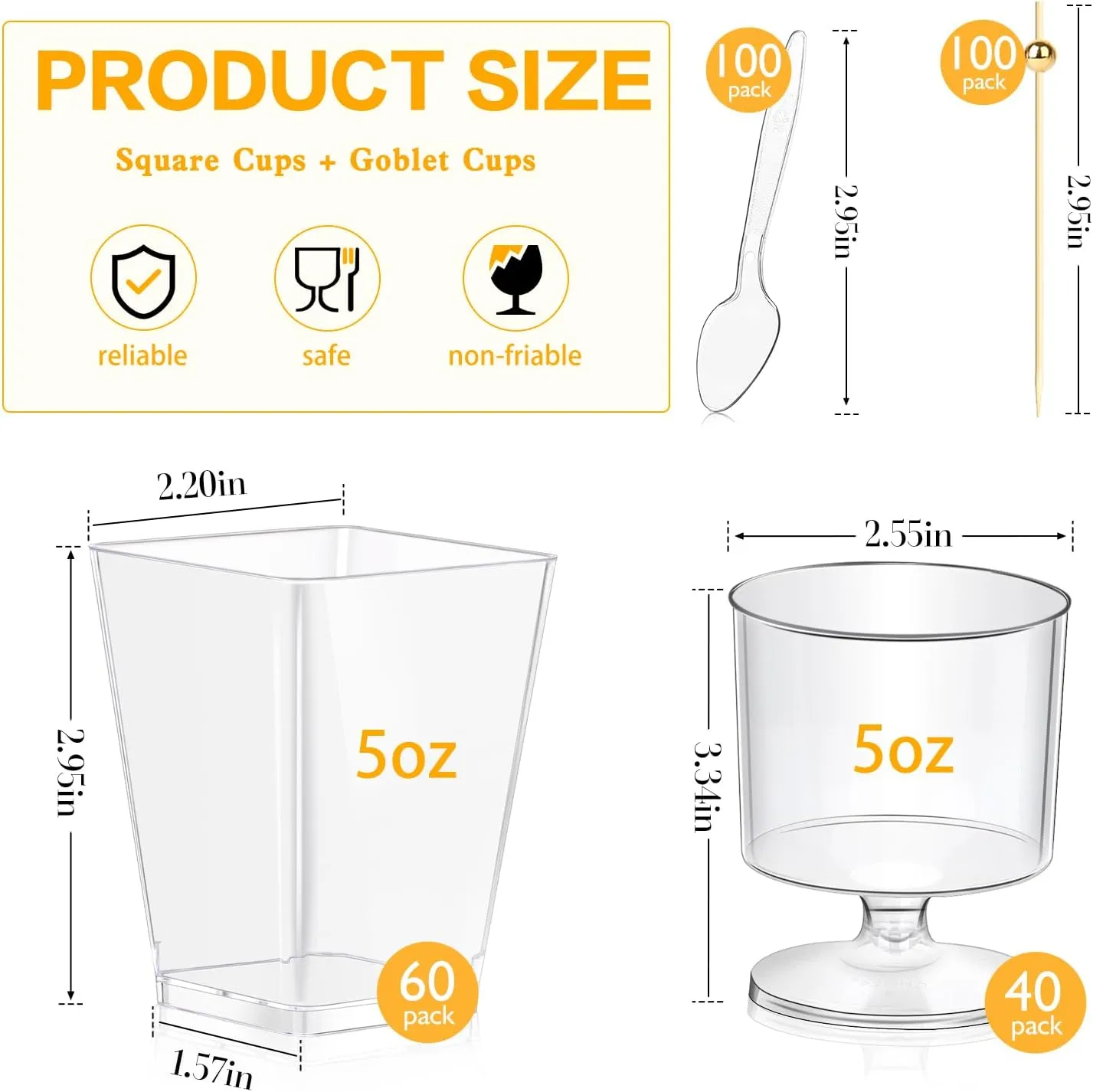 100Pcs Dessert Cups with Spoons&Cocktail Picks 5 Oz Mini Clear Plastic Parfait Shooter Cup Round Small Round Serving Goblet Disposable Appetizer Fruit Desert Bowl for Party Charcuterie Yogurt Pudding
