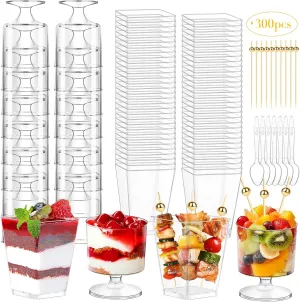 100Pcs Dessert Cups with Spoons&Cocktail Picks 5 Oz Mini Clear Plastic Parfait Shooter Cup Round Small Round Serving Goblet Disposable Appetizer Fruit Desert Bowl for Party Charcuterie Yogurt Pudding