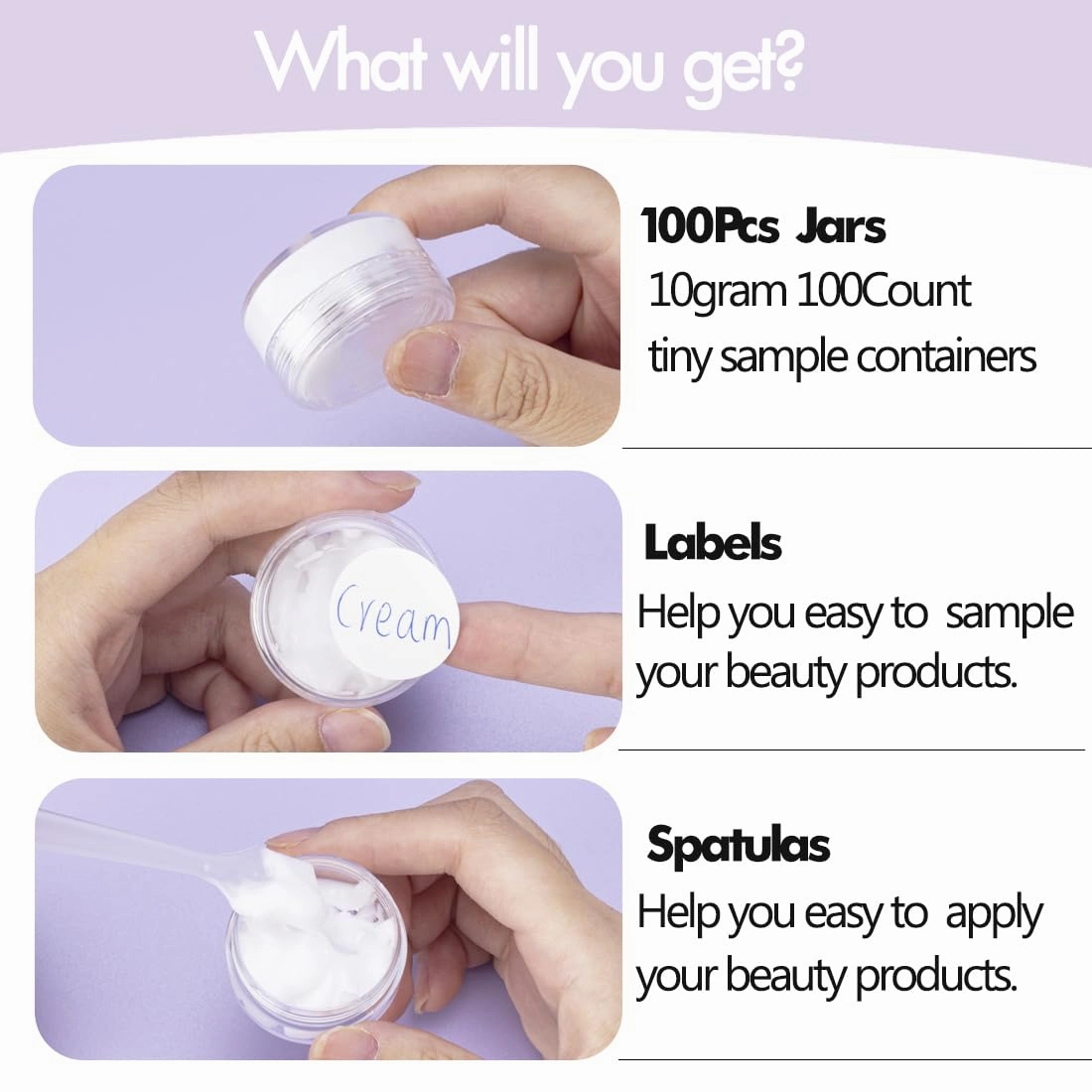 10 Gram 100 Count Sample Containers, Small Plastic Containers with Lids, Empty Sample Jars with Labels and Mini Disposable Spatulas(Pink Lid)