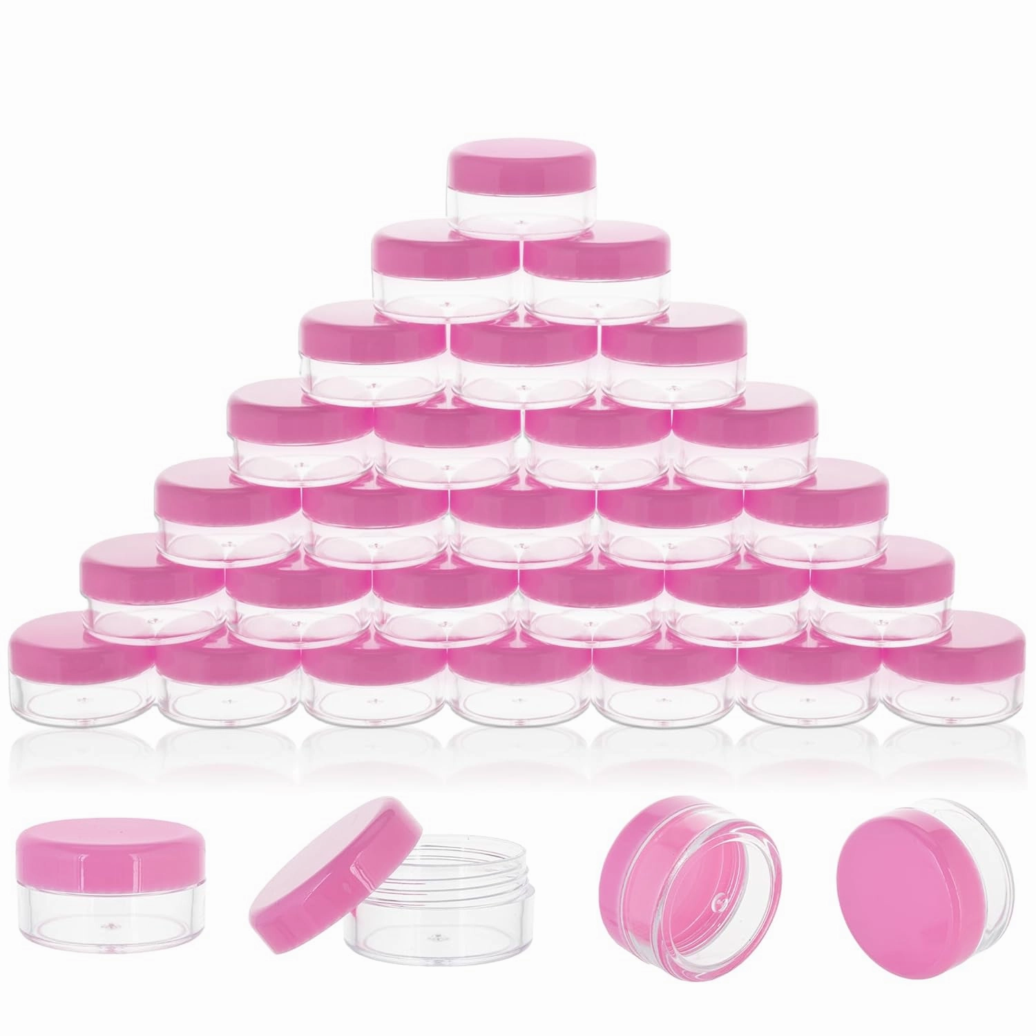 10 Gram 100 Count Sample Containers, Small Plastic Containers with Lids, Empty Sample Jars with Labels and Mini Disposable Spatulas(Pink Lid)