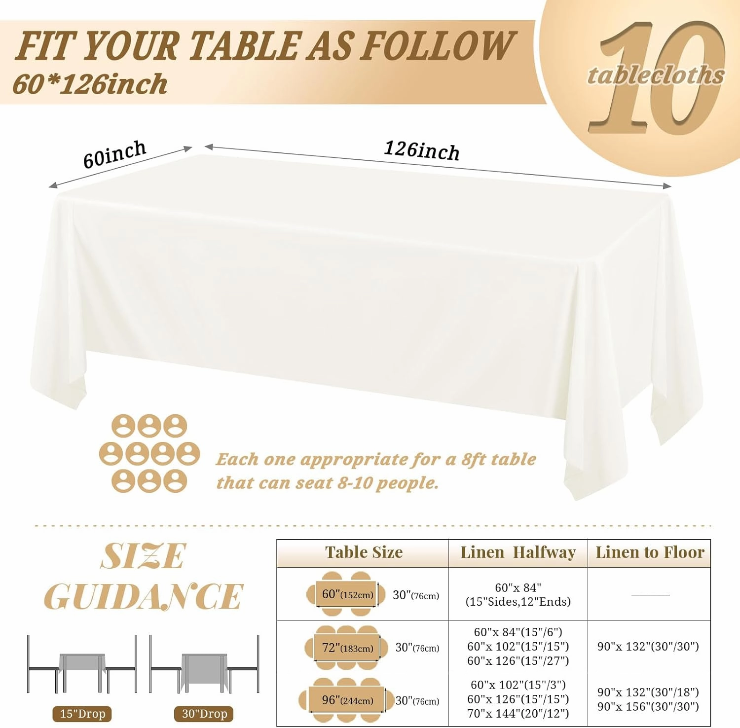 10 Pack 60 x 126 Inch Rectangle Tablecloth, Ivory Tablecloth for 8 Feet Rectangle Tables, Stain and Wrinkle Resistant Washable Fabric Table Cloth for Wedding Dining Table Buffet Parties Camping
