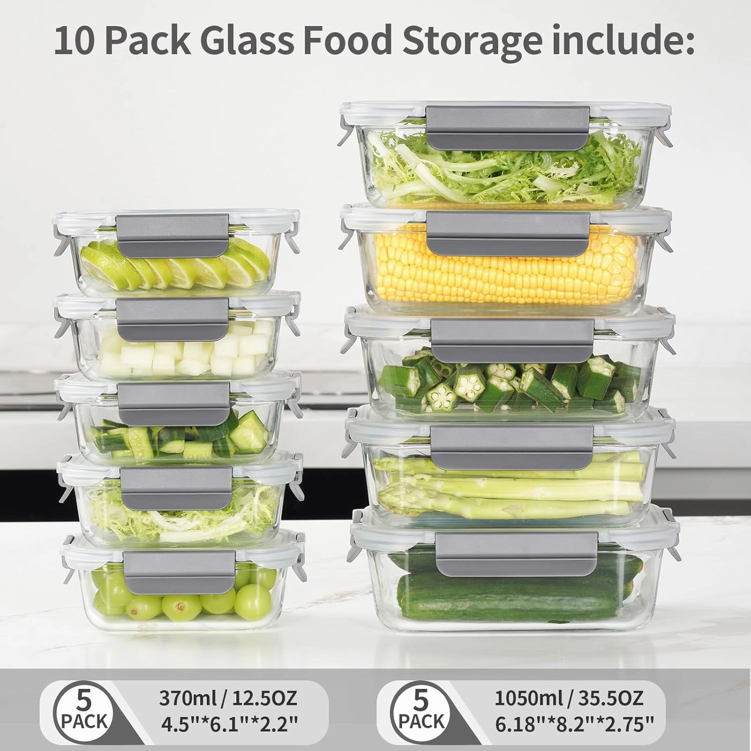 10 Pack Glass Meal Prep Containers, Glass Food Storage Containers with Lids Airtight, Glass Storage Container Set with Lid for Food, Bpa-free, Leak-proof, Microwave Oven Freezer Dishwasher Safe
