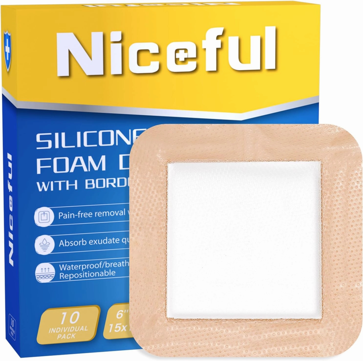 10 Pcs Silicone Foam Dressing 6"x6" - Large Bandages for Wounds, FSA HSA Eligible, Waterproof Silicone Bandages for Bedsores, Diabetic Foot Ulcers, I-II Degree Burns