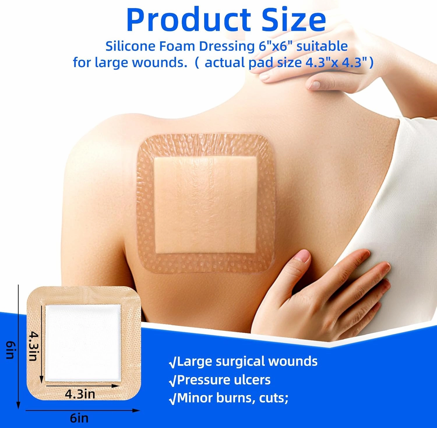 10 Pcs Silicone Foam Dressing 6"x6" - Large Bandages for Wounds, FSA HSA Eligible, Waterproof Silicone Bandages for Bedsores, Diabetic Foot Ulcers, I-II Degree Burns