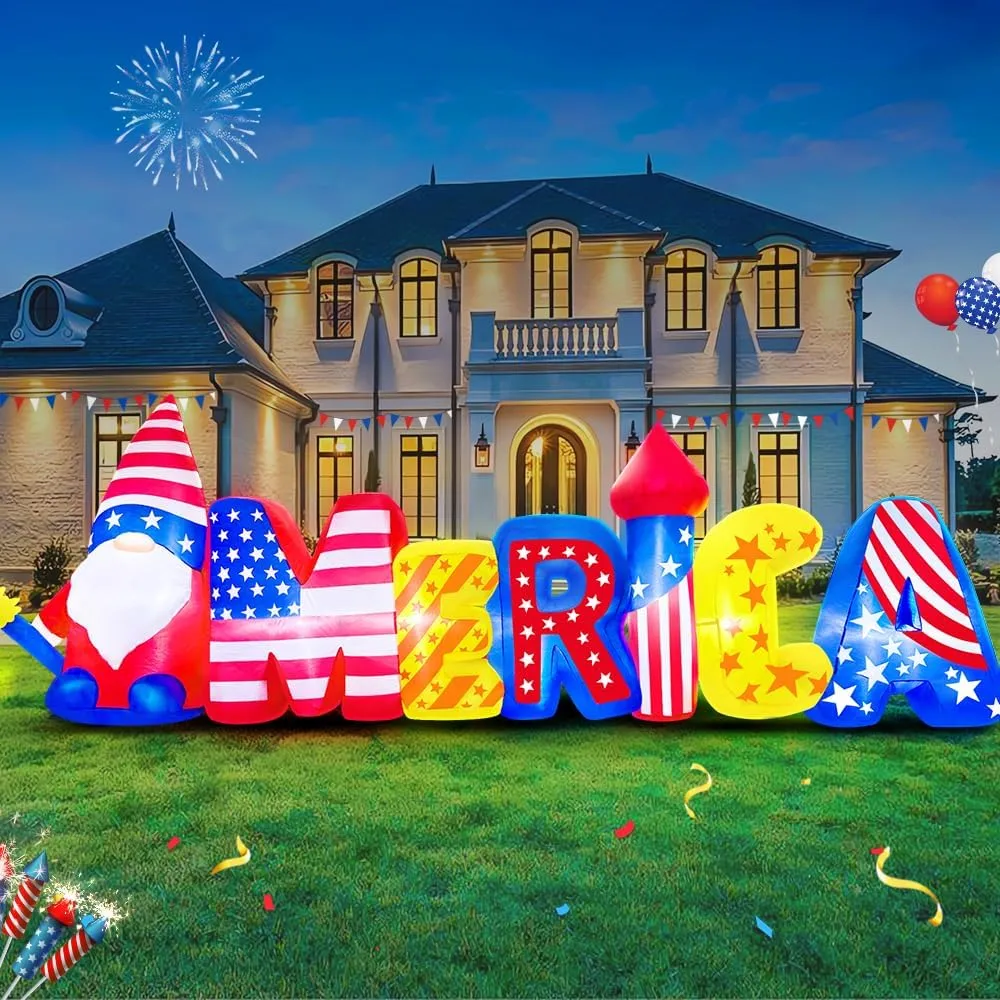10FT Patriotic Independence Day 4th of July Inflatables Outdoor Decorations, Inflatable American Creative Fonts, Built in LED Lights Blow up Fourth of July Decor for Holiday Party Garden Yard Lawn