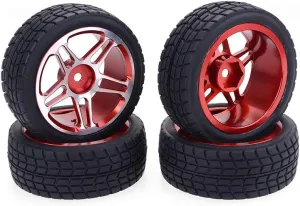 1/10 On Road Tires and Aluminum Wheels, daitoku 12mm Hex RC Car Tires for Tamiya TT01 TT02 XV01 TA06 A959 PTG2 HPI KYOSHO PTG2 Traxxas 1/10 Street Touring Drift Car (Red) - 4PCS