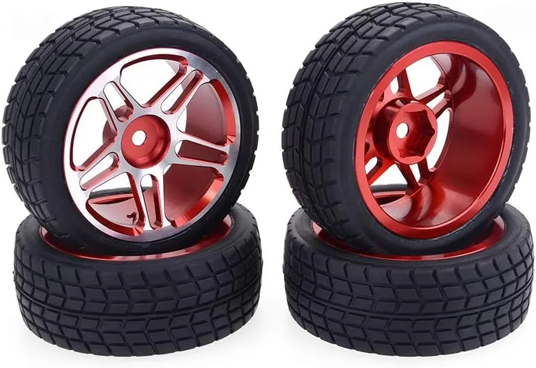 1/10 On Road Tires and Aluminum Wheels, daitoku 12mm Hex RC Car Tires for Tamiya TT01 TT02 XV01 TA06 A959 PTG2 HPI KYOSHO PTG2 Traxxas 1/10 Street Touring Drift Car (Red) - 4PCS