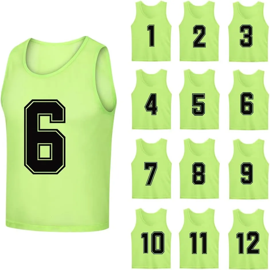 12 Pack（1-12） Numbered Pinnies/Soccer Training Bibs/Basketball Jerseys for Kids,Youth and Adults