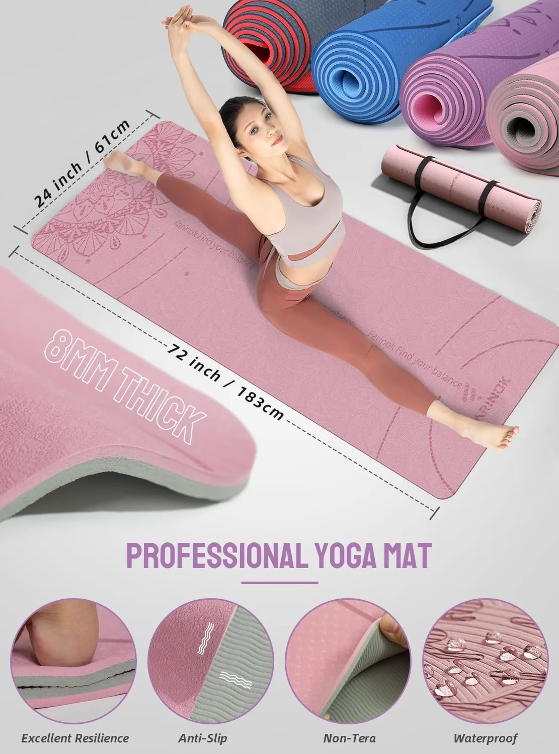 1/3 Yoga Mat Thick, Yoga Set for Beginners Include High Density Mat with Multi-loops Strap, Blocks, Booty Resistance Band Set, Door Anchor, Carring Bag & Strap
