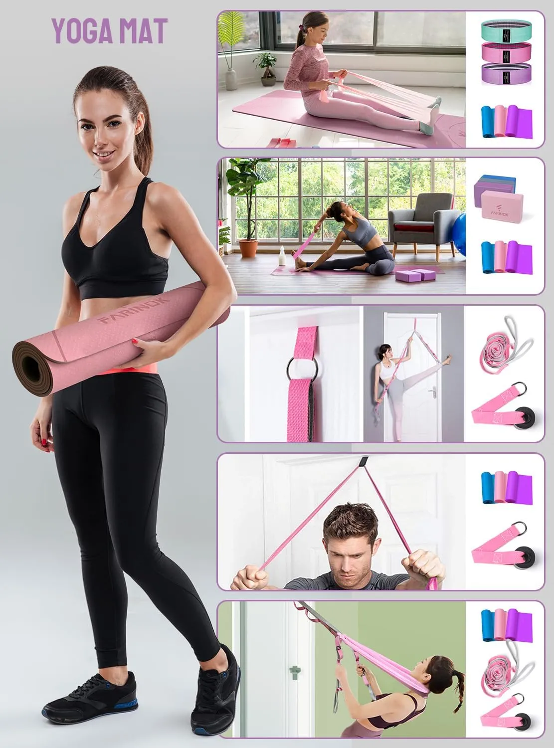 1/3 Yoga Mat Thick, Yoga Set for Beginners Include High Density Mat with Multi-loops Strap, Blocks, Booty Resistance Band Set, Door Anchor, Carring Bag & Strap