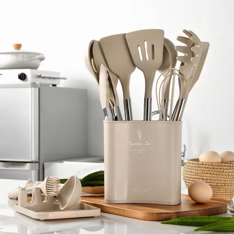 13 Piece Silicone Kitchen Utensil Set with Stainless Steel Handles