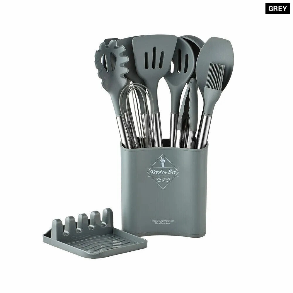 13 Piece Silicone Kitchen Utensil Set with Stainless Steel Handles