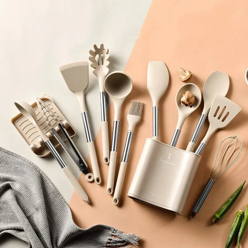 13 Piece Silicone Kitchen Utensil Set with Stainless Steel Handles
