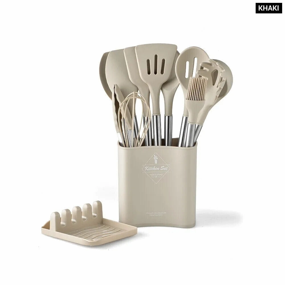 13 Piece Silicone Kitchen Utensil Set with Stainless Steel Handles