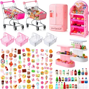 158 Pcs Mini Shopping Cart Basket Miniature Food Drink Bottle Mini Supermarket Trolleys Doll House Accessories Cosplay Game for Party Accessory(Pink,Classic Style)