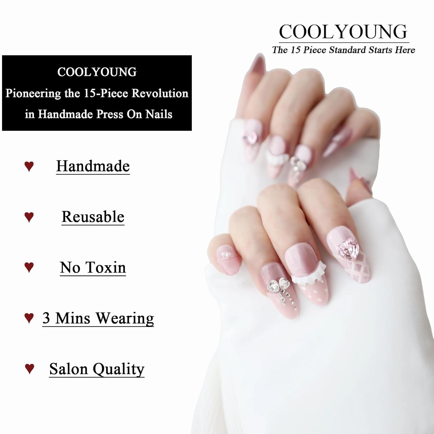 15 PCS Handmade Acrylic Press On Nails French Nails Press On Nails Medium Almond Pink Nails Luxury Press On Nails 3D Press On Nails Women Gifts Reusable Press On Nails COOLYOUNG Nails, Size L