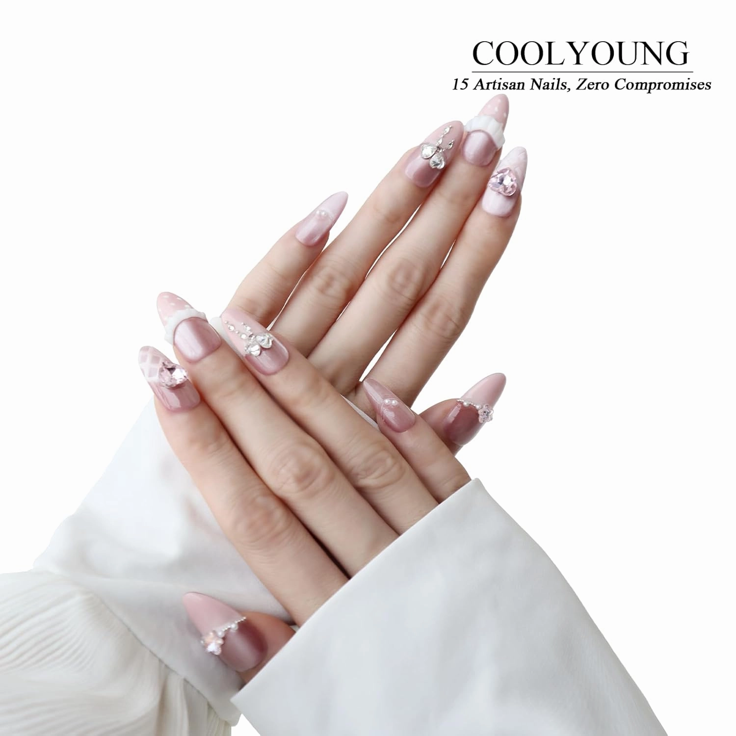 15 PCS Handmade Acrylic Press On Nails French Nails Press On Nails Medium Almond Pink Nails Luxury Press On Nails 3D Press On Nails Women Gifts Reusable Press On Nails COOLYOUNG Nails, Size L