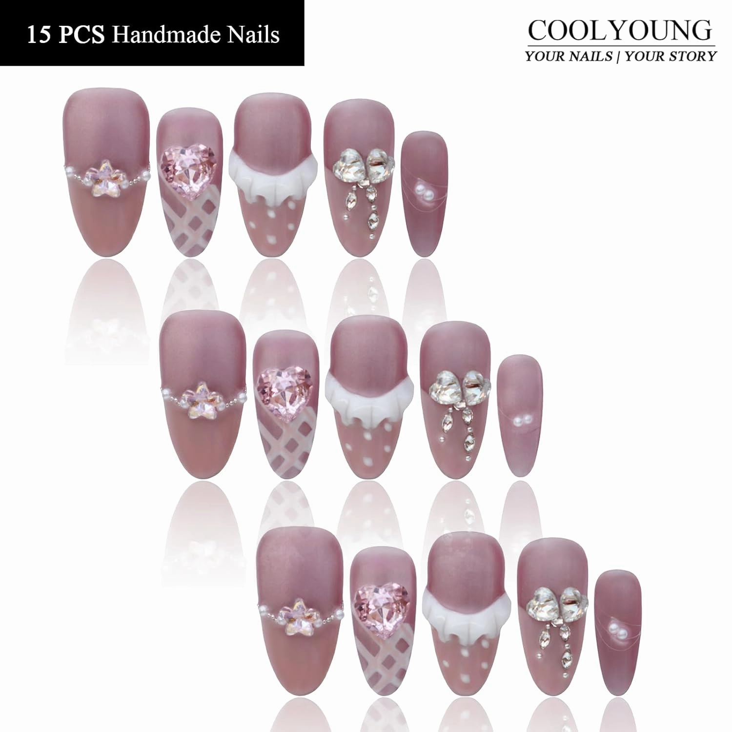 15 PCS Handmade Acrylic Press On Nails French Nails Press On Nails Medium Almond Pink Nails Luxury Press On Nails 3D Press On Nails Women Gifts Reusable Press On Nails COOLYOUNG Nails, Size L