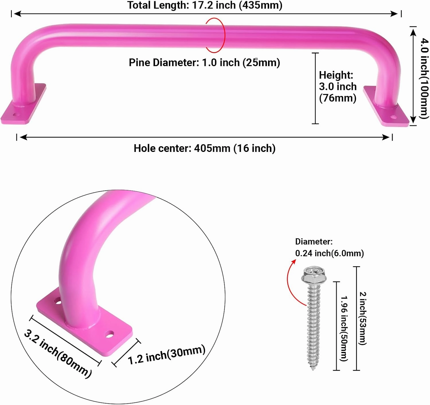 17 Inch 6 Pieces Pink Safety Handles for Playground Equipment - Swing Set Attachment Grab Handle, Playset Accessories Hand Grips, Indoor Monkey Bars for Kids