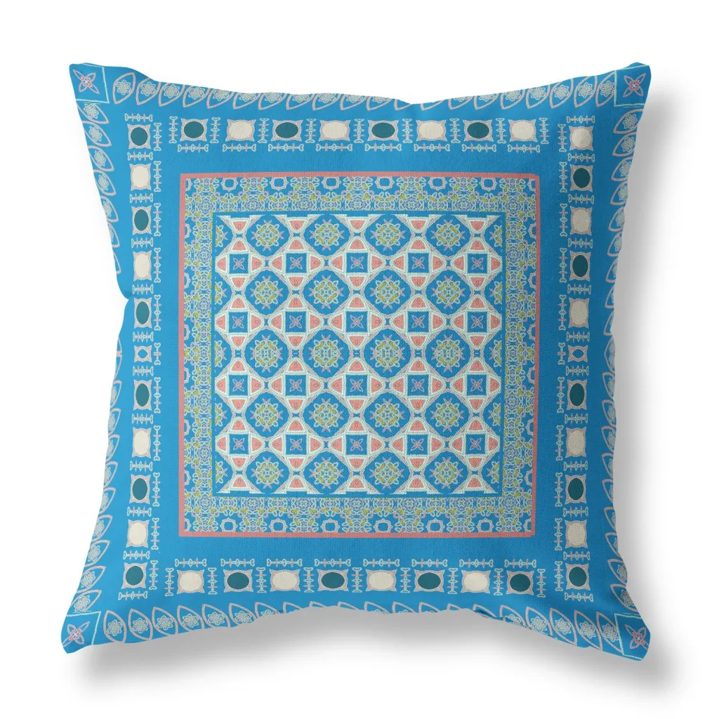 18” Blue Pink Block Indoor Outdoor Zippered Throw Pillow