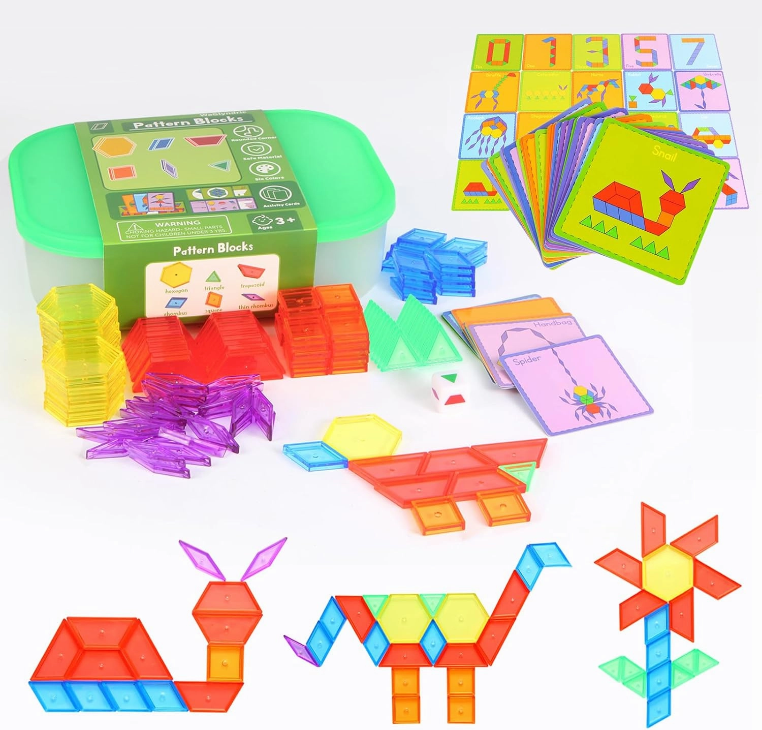 188 Pcs Translucent Plastic Pattern Blocks Set, Light Table Manipulative for Shape Recognition, Fun Geometric Shapes Tangram Puzzle with Storage Box