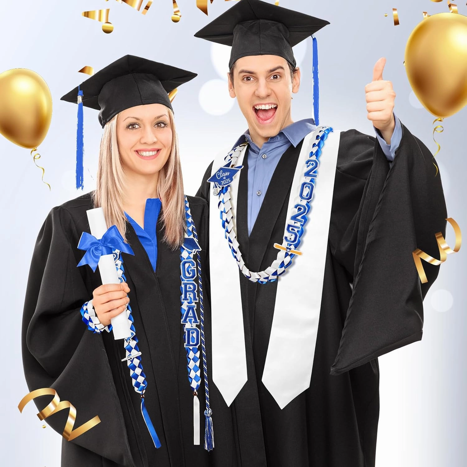 18 Pcs Graduation Leis and Stole and Honor Cords 2025 Braided Necklace Adjustable for Student Graduation Gifts Party Supplies(Blue and White)