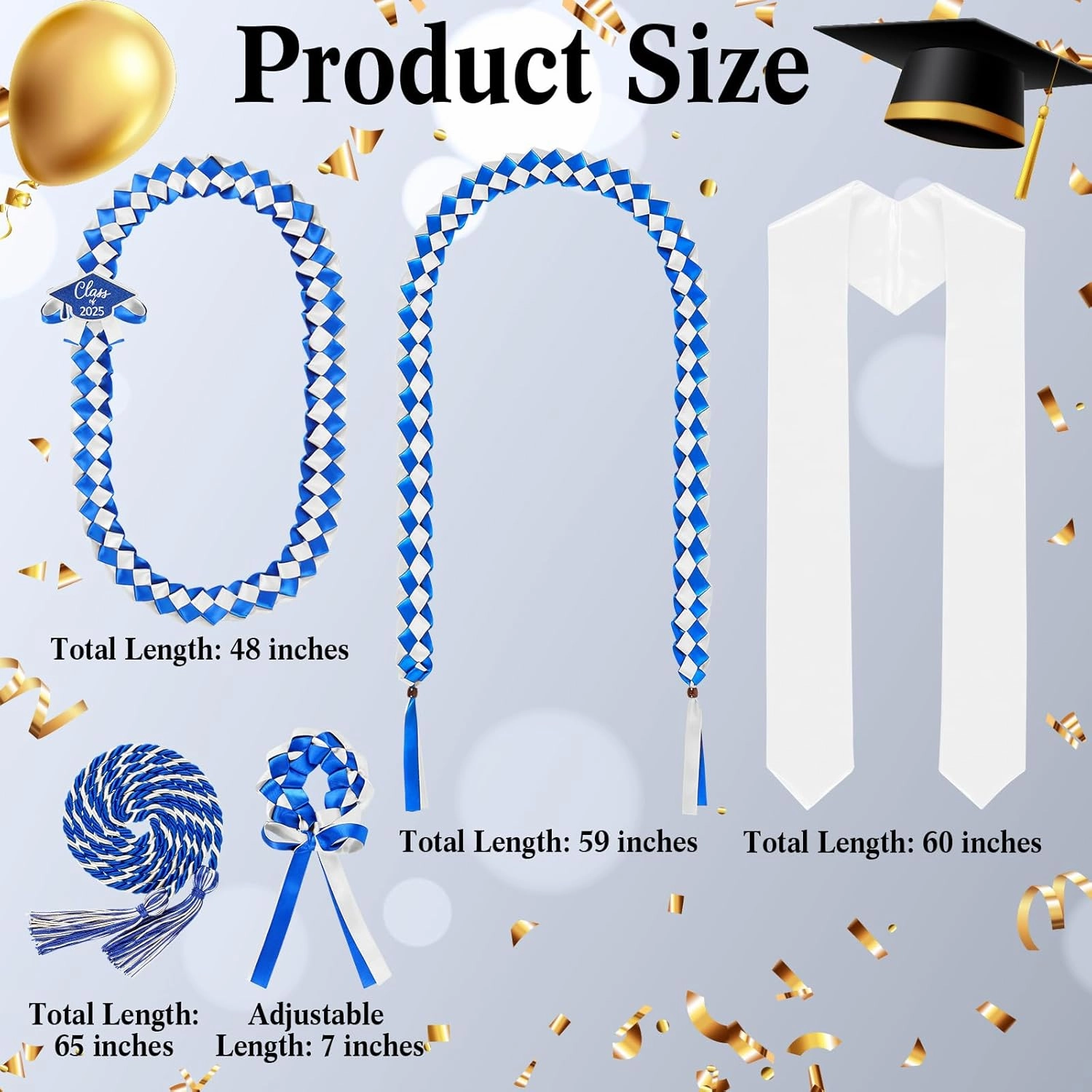 18 Pcs Graduation Leis and Stole and Honor Cords 2025 Braided Necklace Adjustable for Student Graduation Gifts Party Supplies(Blue and White)