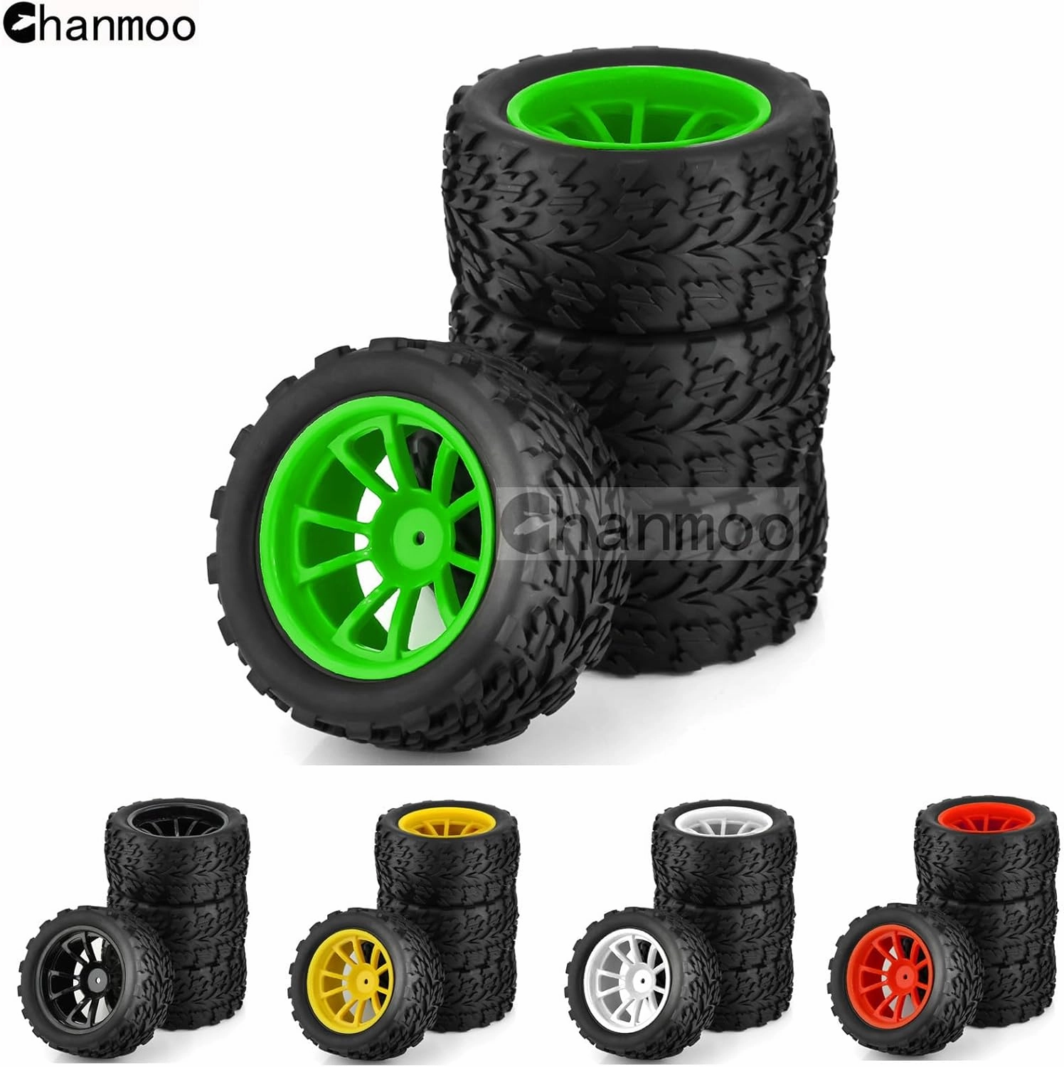 1/10 Monster Truck Tires and Wheels 12mm Hex Hubs RC Truck Tyres OD 118mm for 1:10 Scale Off Road Truck Car Traxxas X-Maxx E-Revo Summit Kyosho 144001 HSP 94188 94111 4PCS (Green)