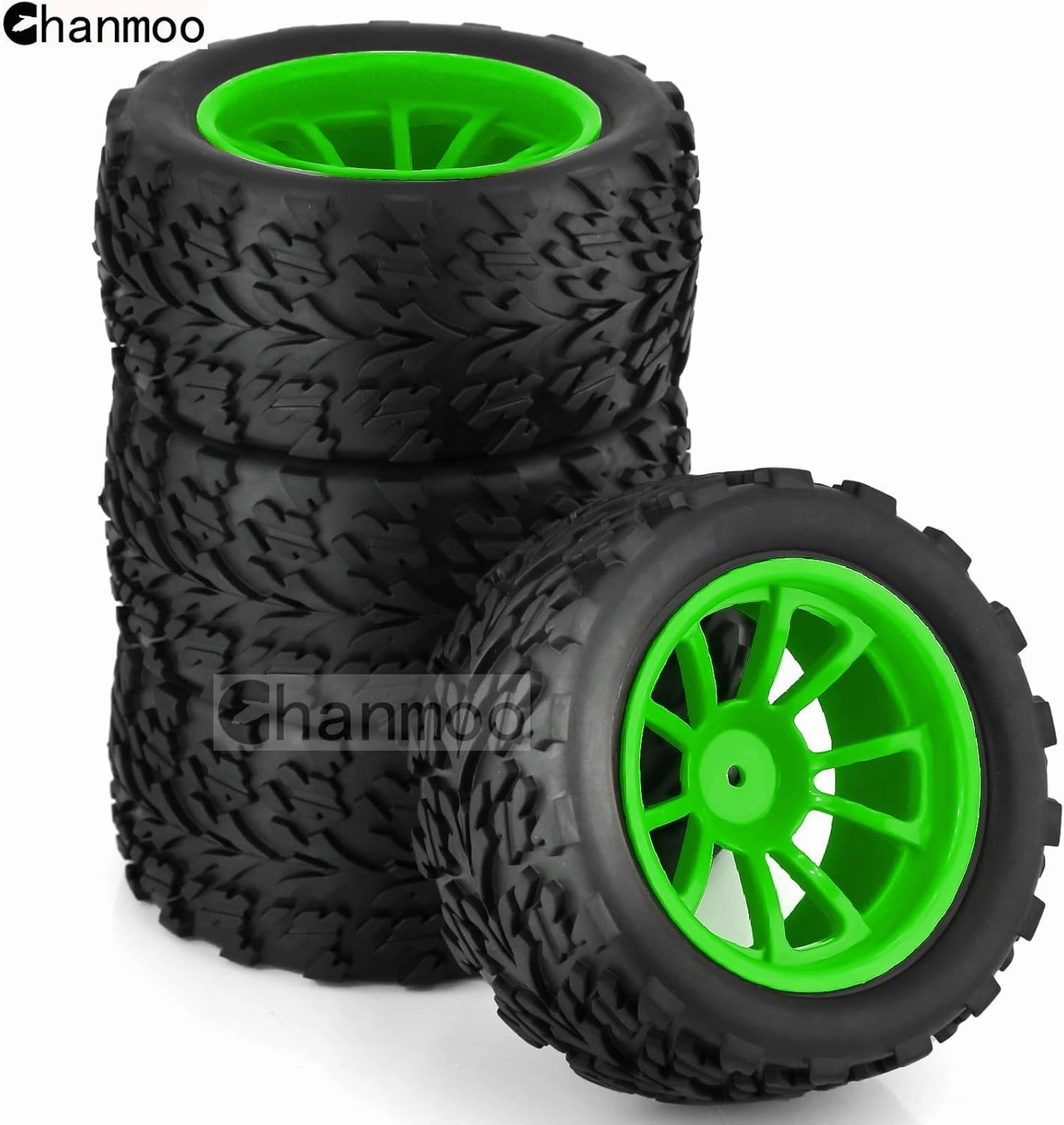 1/10 Monster Truck Tires and Wheels 12mm Hex Hubs RC Truck Tyres OD 118mm for 1:10 Scale Off Road Truck Car Traxxas X-Maxx E-Revo Summit Kyosho 144001 HSP 94188 94111 4PCS (Green)