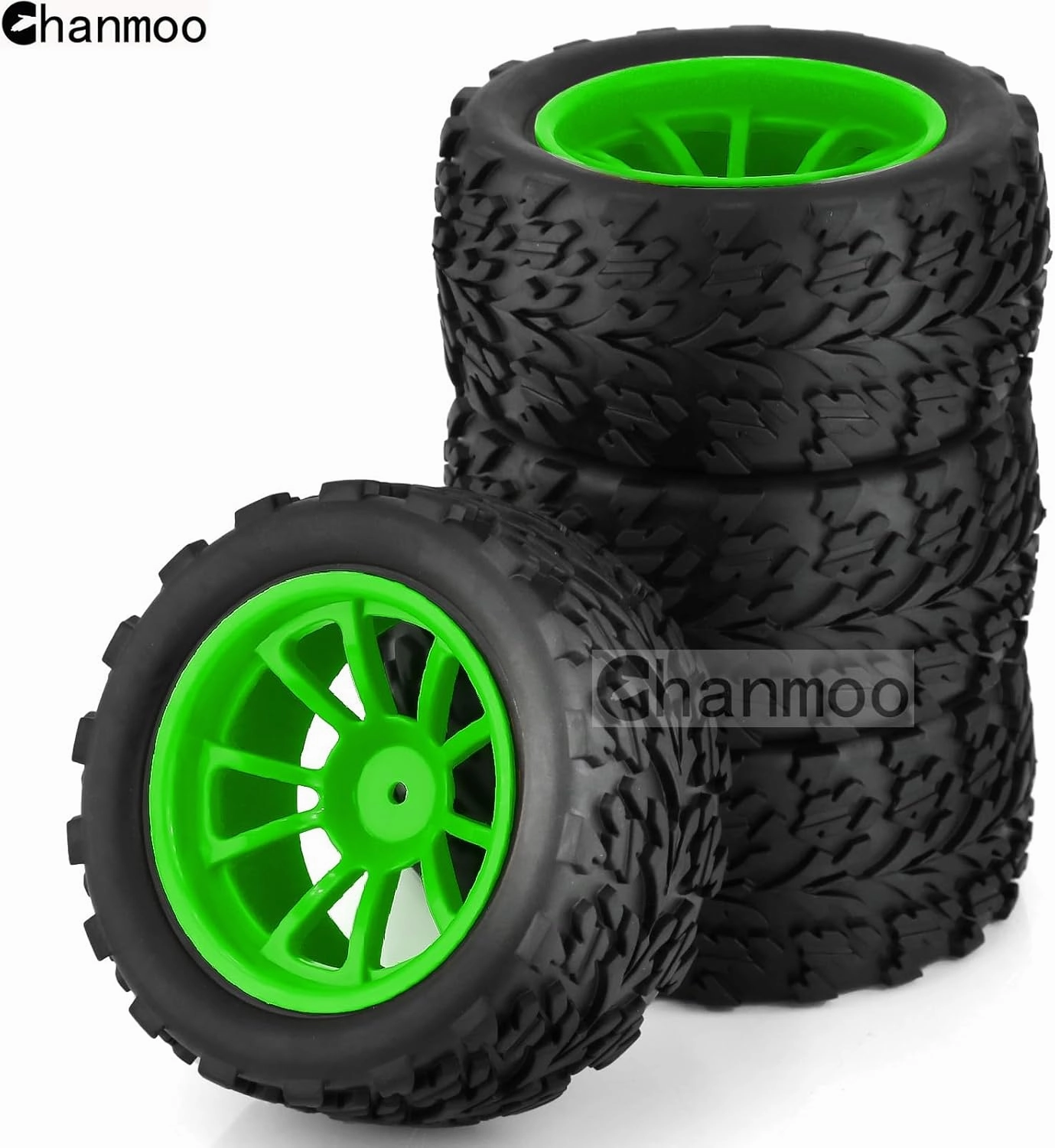 1/10 Monster Truck Tires and Wheels 12mm Hex Hubs RC Truck Tyres OD 118mm for 1:10 Scale Off Road Truck Car Traxxas X-Maxx E-Revo Summit Kyosho 144001 HSP 94188 94111 4PCS (Green)