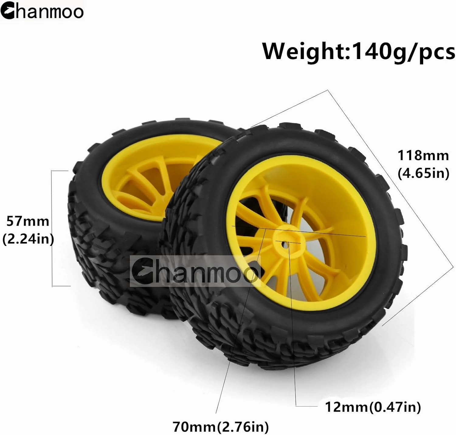 1/10 Monster Truck Tires and Wheels 12mm Hex Hubs RC Truck Tyres OD 118mm for 1:10 Scale Off Road Truck Car Traxxas X-Maxx E-Revo Summit Kyosho 144001 HSP 94188 94111 4PCS (Yellow)