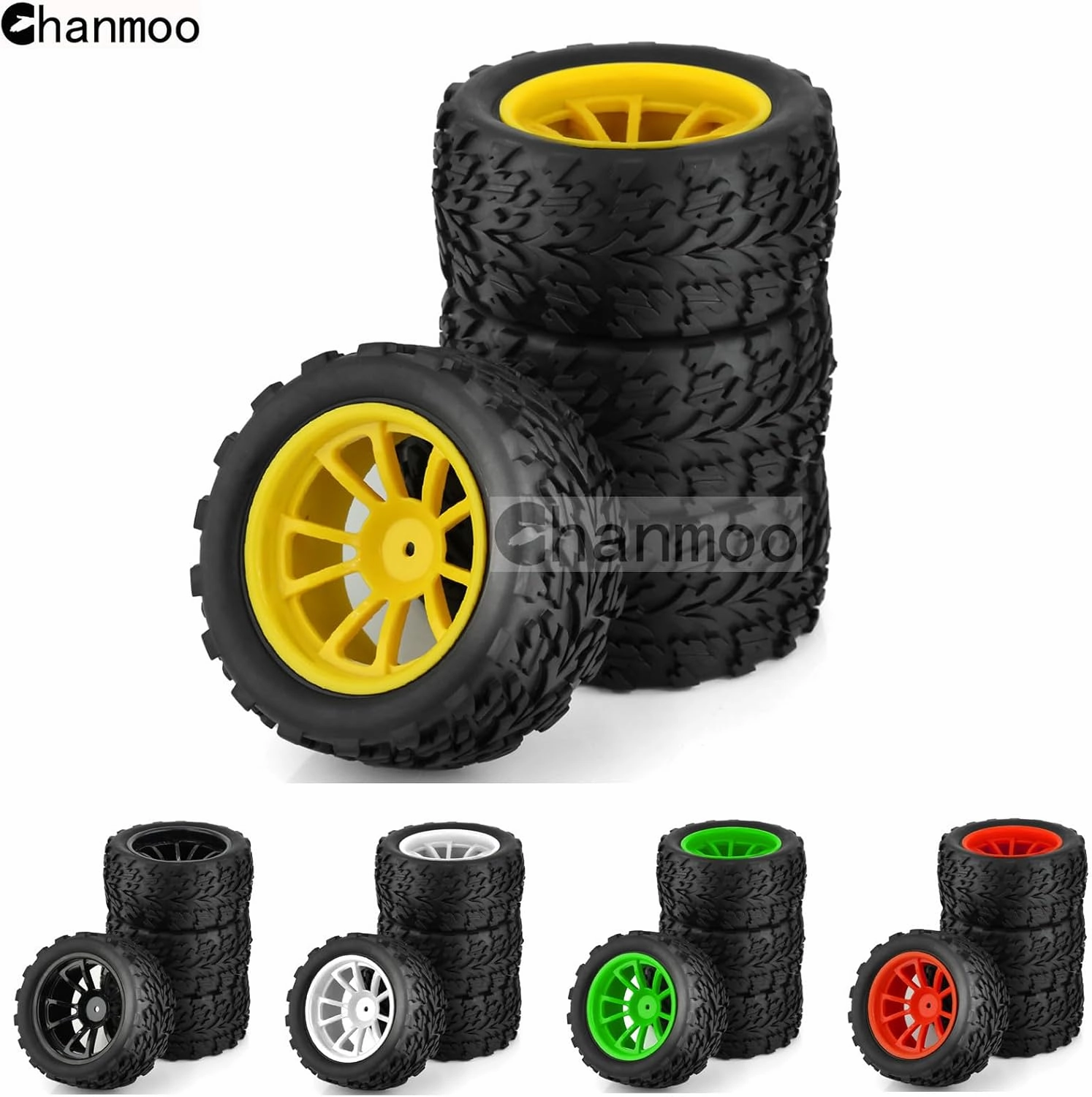 1/10 Monster Truck Tires and Wheels 12mm Hex Hubs RC Truck Tyres OD 118mm for 1:10 Scale Off Road Truck Car Traxxas X-Maxx E-Revo Summit Kyosho 144001 HSP 94188 94111 4PCS (Yellow)