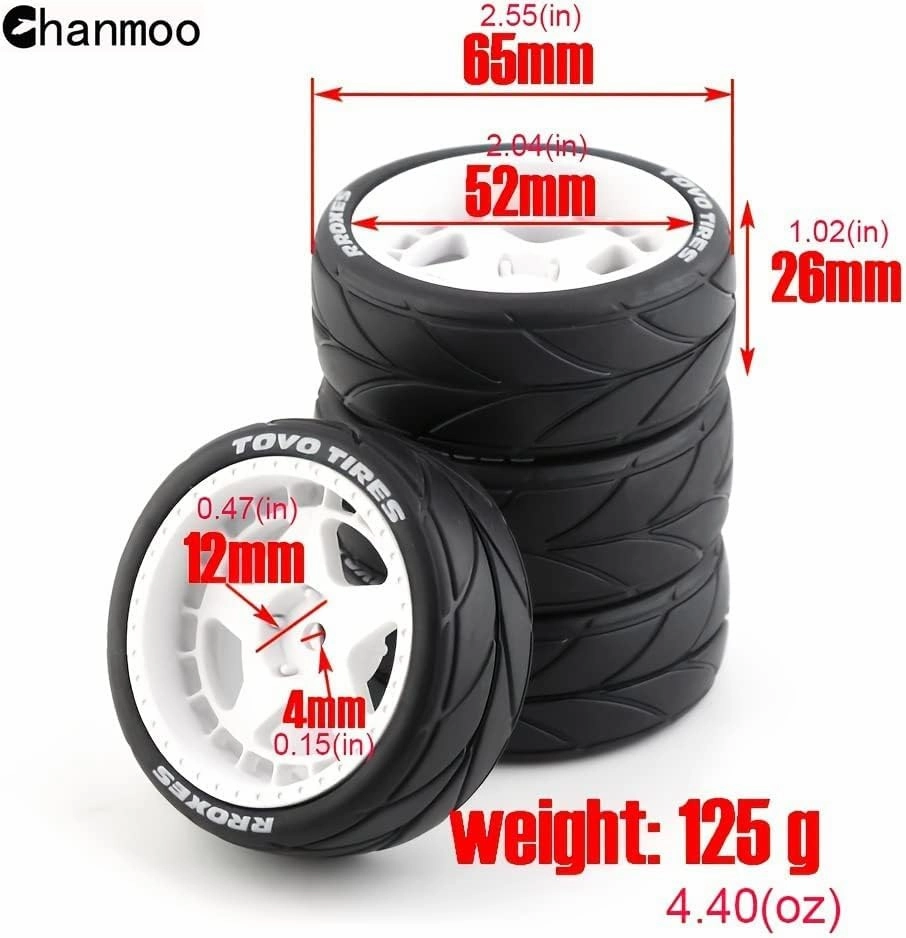 1/10 RC On Road Tires 12mm Hex Plastic Wheels Rims and Rubber Street Tyres for 1:10 Rally Racing Drift Touring CarTamiya XV01 XV02 TA06 TT01 TT02 PTG2 144001 A959 HPI KYOSHO 4PCS (White B)