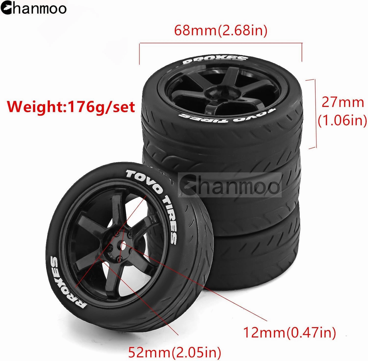 1/10 RC Rally Racing Tires and Plastic Drift Wheels 12mm Hex On Road Tyres for 1:10 Touring Street Car Tamiya TT01 TT02 XV01 TA06 A959 PTG2 144001 HPI KYOSHO HSP PTG2 Traxxas 4PCS (Black)