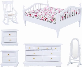 1:12 Scale Dollhouse Furniture, 6pcs Mini Wooden White Bedroom Furniture Set, for Gifts Toys Home Landscape Decoration Photo Props